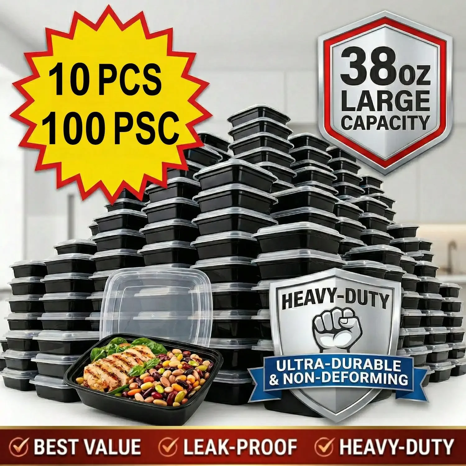 10/100pcs 38oz Black Rectangul - Meal Prep Kitchen ulasan dan harga
